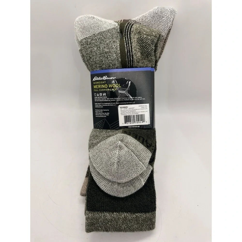 Eddie Bauer Merino Wool Crew Socks 2 Pair Pack Mens 6-12 Midweight